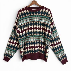 VTG 90s Saks Fifth Avenue 100% Cotton Geometric Grandpa Sweater Multicolor XL